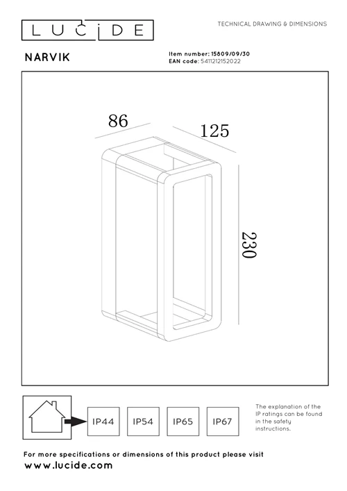Lucide NARVIK - Wandlamp Binnen/Buiten - LED - 1x9,2W 3000K - IP65 - Zwart - technisch